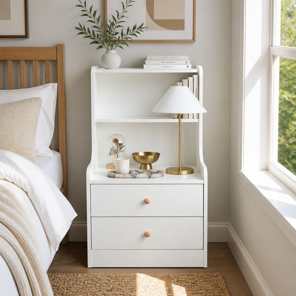 Bedside Table Drawer Nightstand Minimalist White Storage Dual Shelves Cabinet