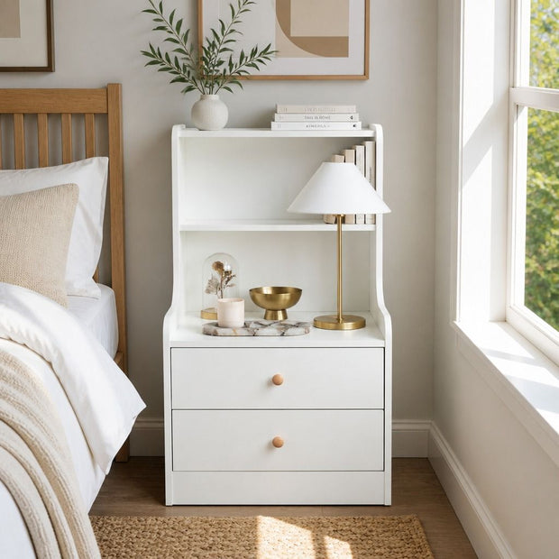 Bedside Table Drawer Nightstand Minimalist White Storage Dual Shelves Cabinet