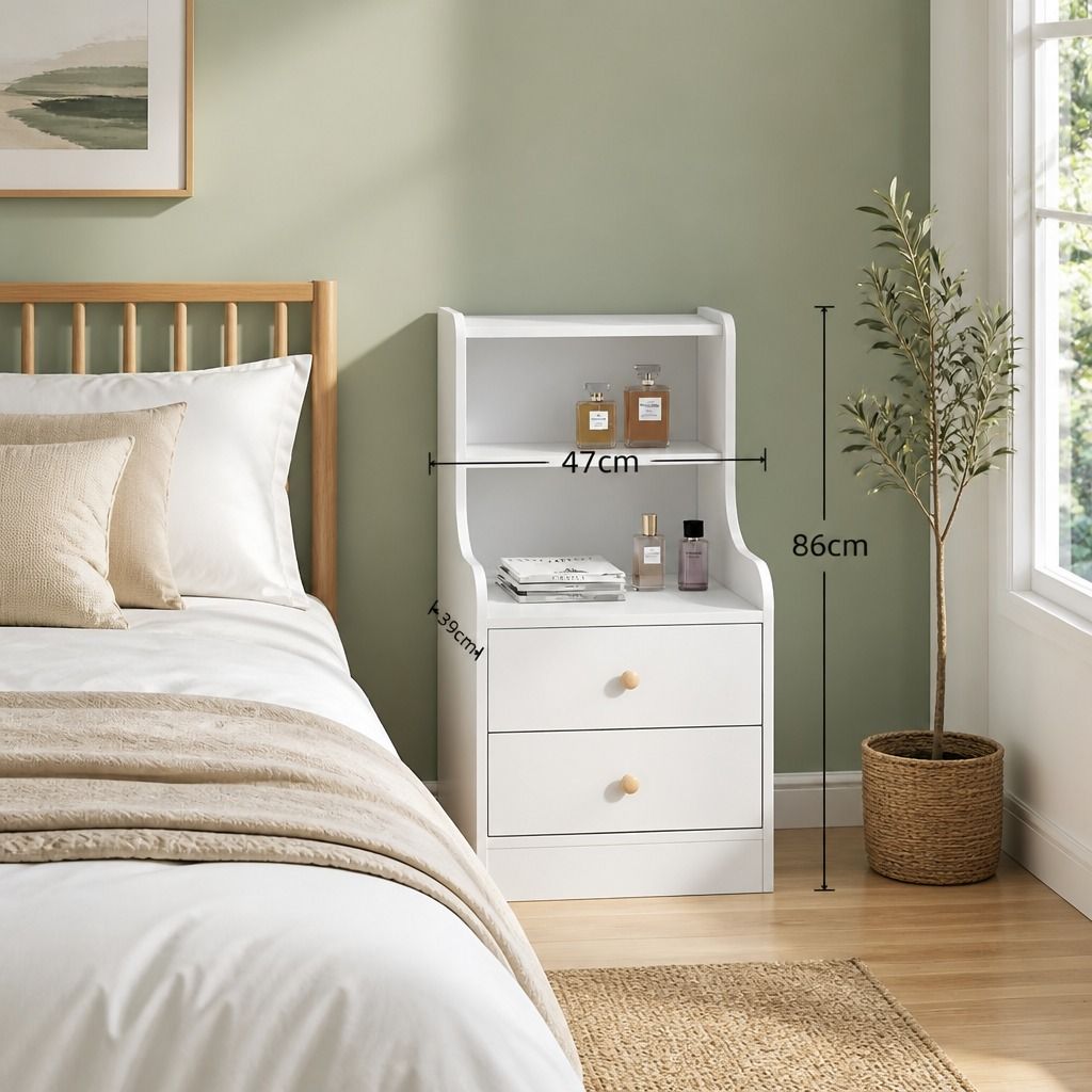 Bedside Table Drawer Nightstand Minimalist White Storage Dual Shelves Cabinet
