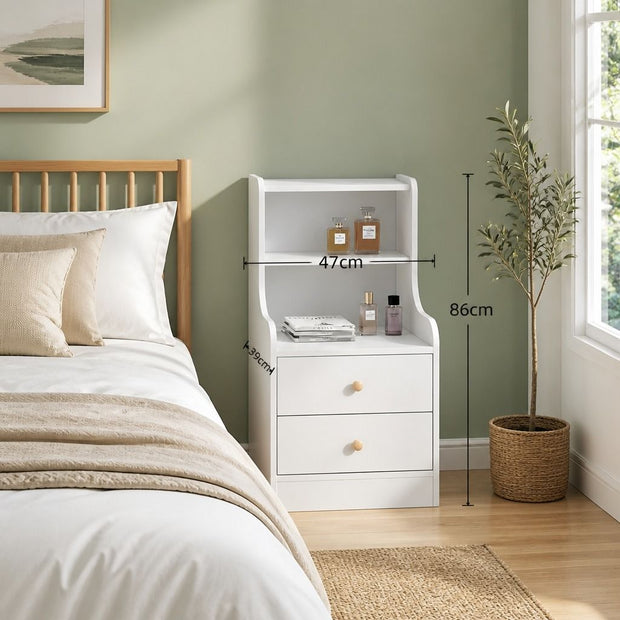 Bedside Table Drawer Nightstand Minimalist White Storage Dual Shelves Cabinet