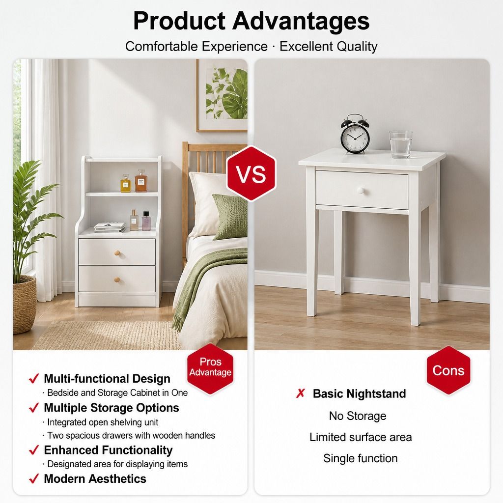 Bedside Table Drawer Nightstand Minimalist White Storage Dual Shelves Cabinet