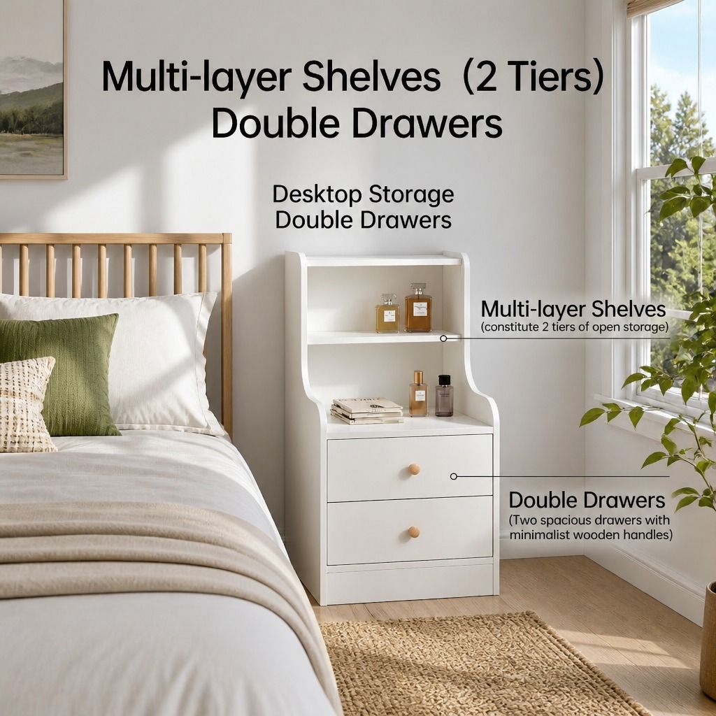 Bedside Table Drawer Nightstand Minimalist White Storage Dual Shelves Cabinet