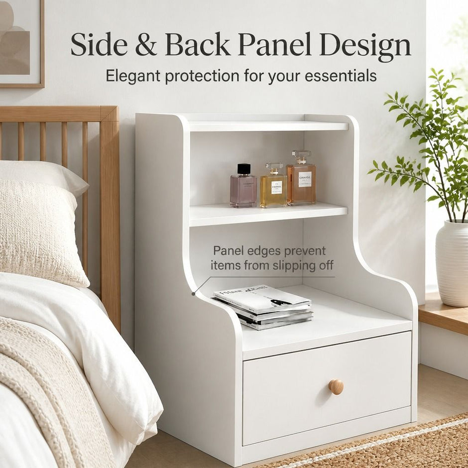 Bedside Table Drawer Nightstand Minimalist White Storage Dual Shelves Cabinet