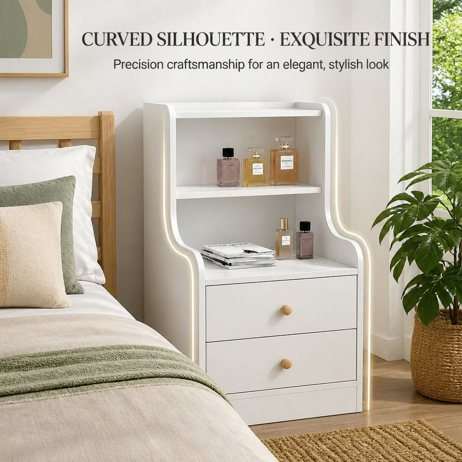 Bedside Table Drawer Nightstand Minimalist White Storage Dual Shelves Cabinet