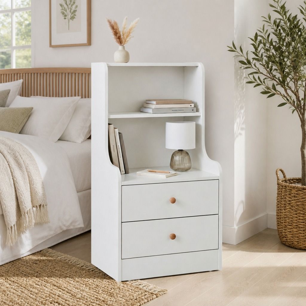 Bedside Table Drawer Nightstand Minimalist White Storage Dual Shelves Cabinet