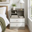 Bedside Table Drawer Nightstand Light Gray Wood Grain White Fronts Curved Design