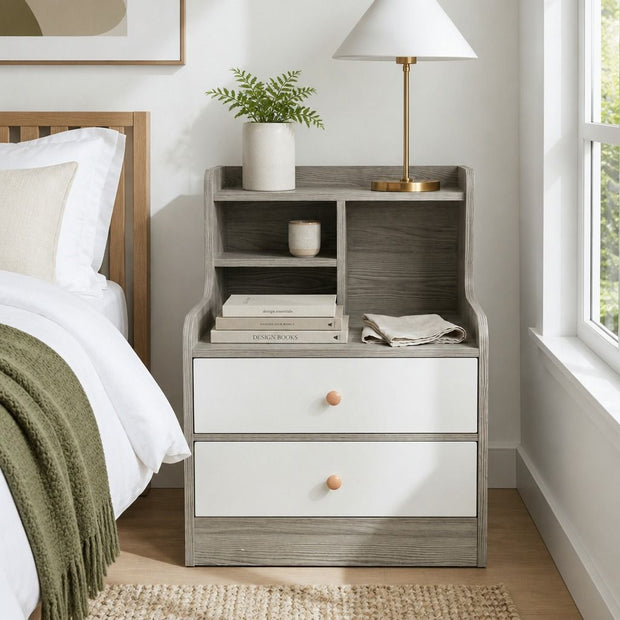 Bedside Table Drawer Nightstand Light Gray Wood Grain White Fronts Curved Design