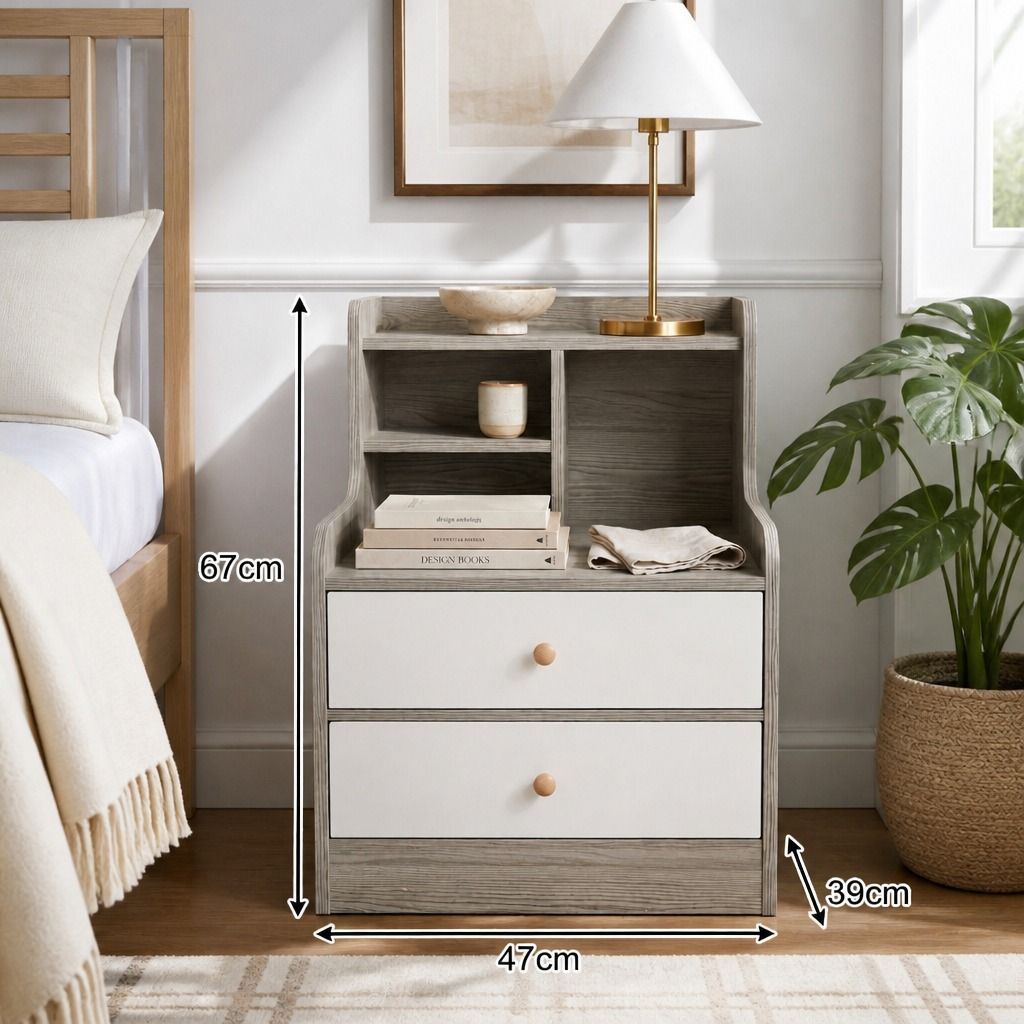 Bedside Table Drawer Nightstand Light Gray Wood Grain White Fronts Curved Design