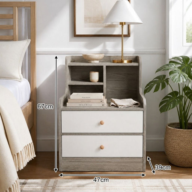 Bedside Table Drawer Nightstand Light Gray Wood Grain White Fronts Curved Design