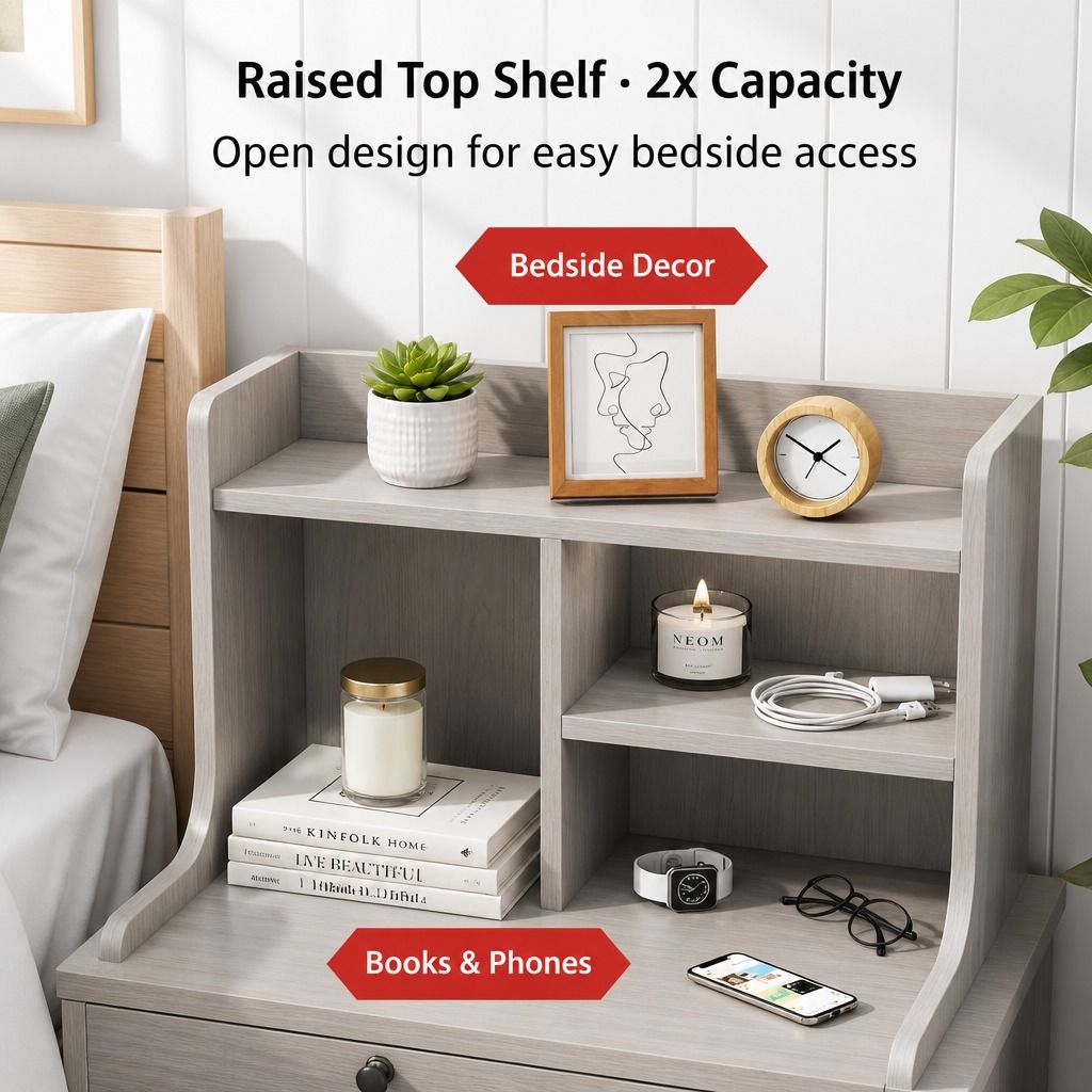 Bedside Table Drawer Nightstand Light Gray Wood Grain White Fronts Curved Design