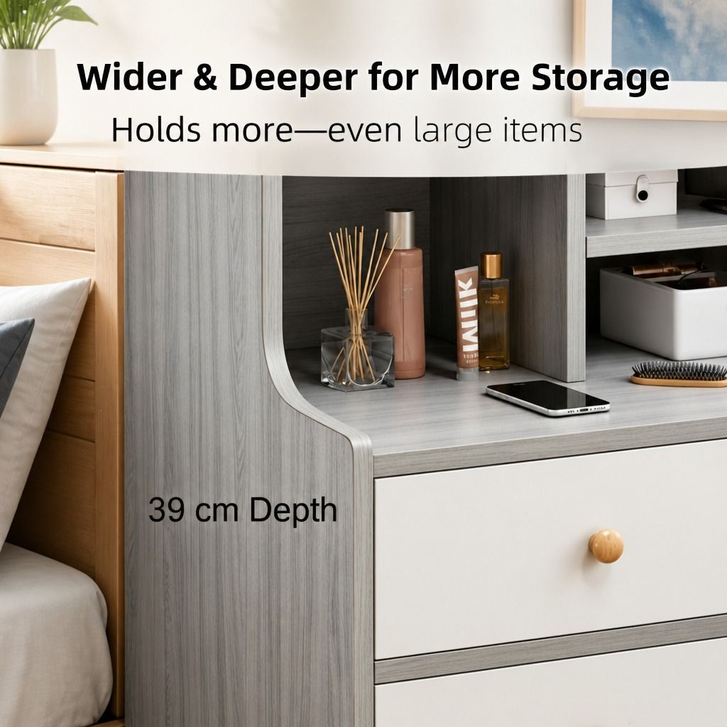 Bedside Table Drawer Nightstand Light Gray Wood Grain White Fronts Curved Design