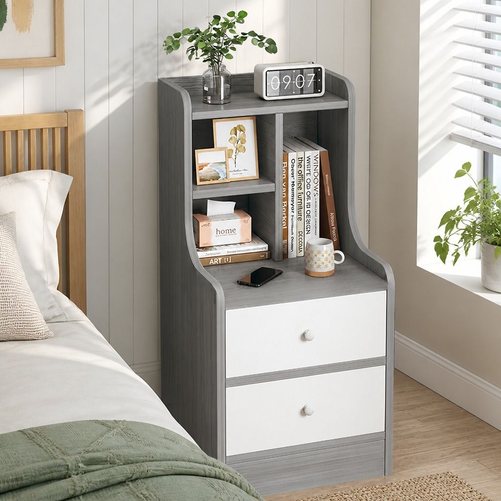 Bedside Table Drawer Nightstand Light Gray Wood Grain White Fronts Curved Design