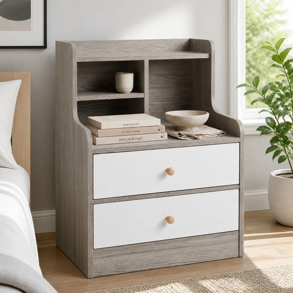 Bedside Table Drawer Nightstand Light Gray Wood Grain White Fronts Curved Design