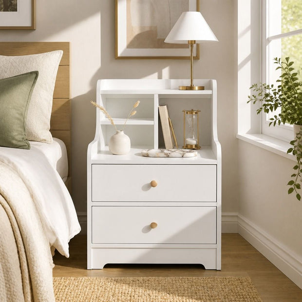 White Nightstand Bedside Table Wooden Drawers Storage Sections Curved Sides