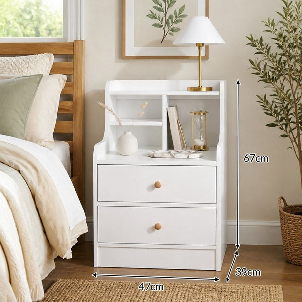 White Nightstand Bedside Table Wooden Drawers Storage Sections Curved Sides