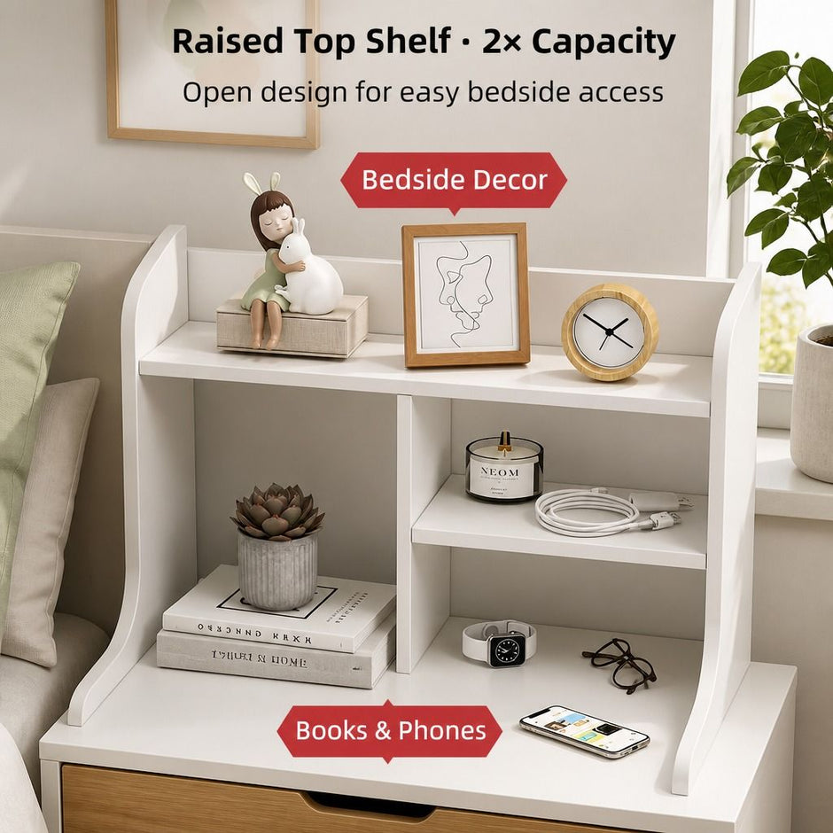 White Nightstand Bedside Table Wooden Drawers Storage Sections Curved Sides