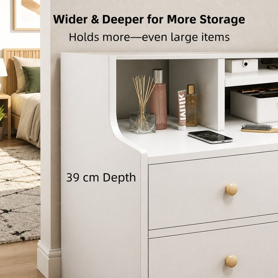White Nightstand Bedside Table Wooden Drawers Storage Sections Curved Sides