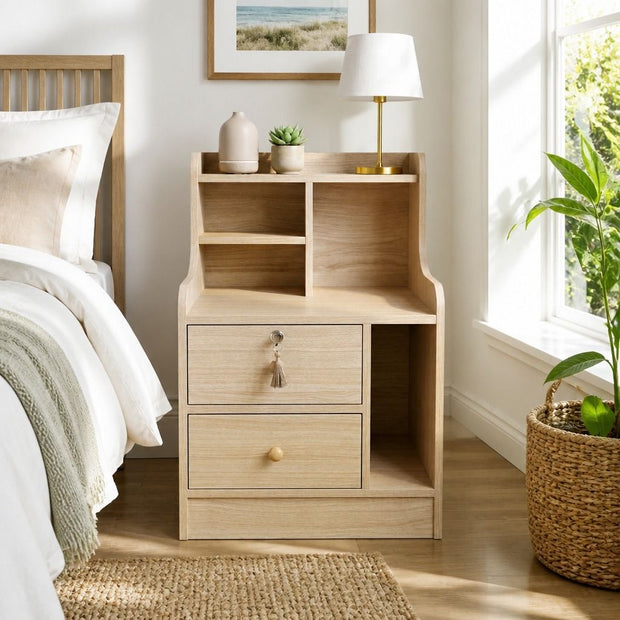 Light Wood Bedside Table Drawer Nightstand Open Shelf Storage Tray Nordic 70cm