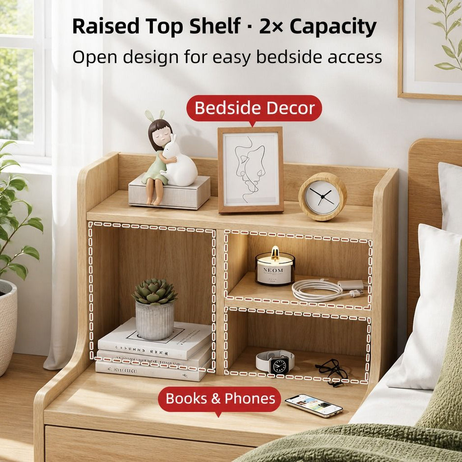 Light Wood Bedside Table Drawer Nightstand Open Shelf Storage Tray Nordic 70cm