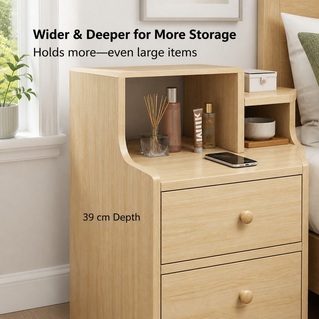 Light Wood Bedside Table Drawer Nightstand Open Shelf Storage Tray Nordic 70cm
