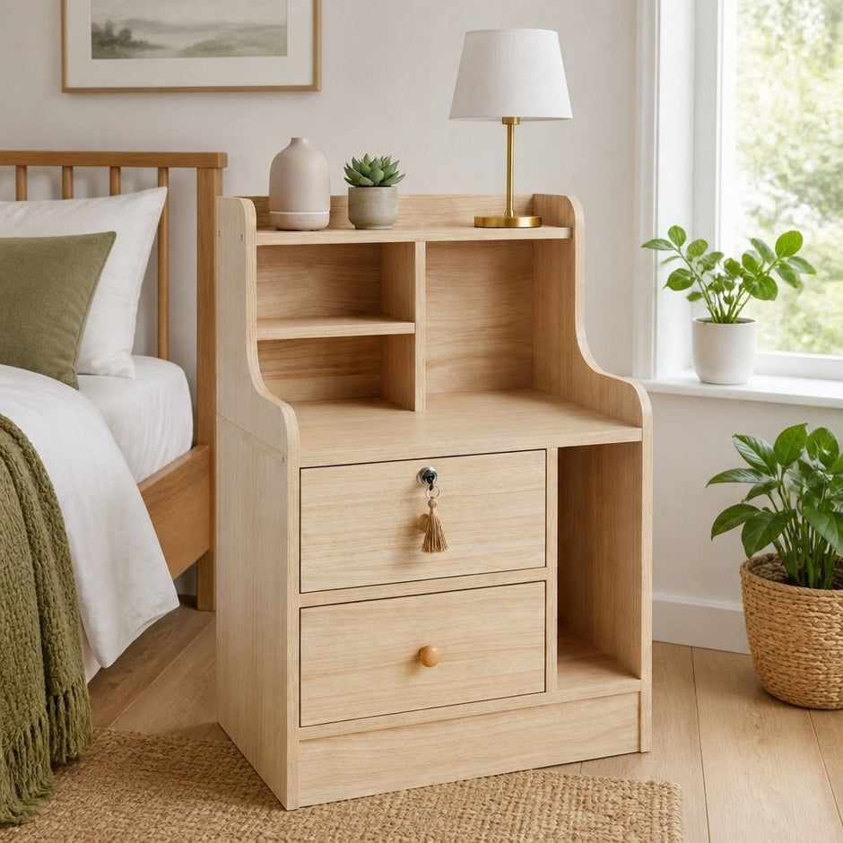 Light Wood Bedside Table Drawer Nightstand Open Shelf Storage Tray Nordic 70cm