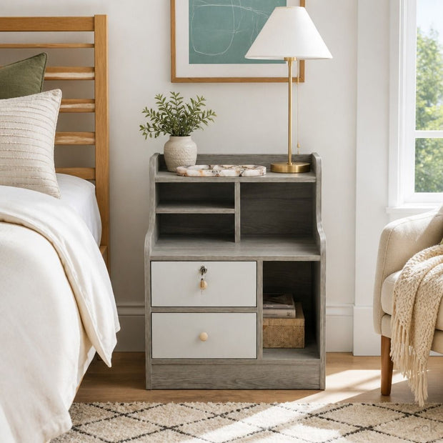 Light Gray Bedside Table Nightstand Drawer Open Shelf Secure Storage 70cm