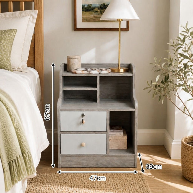 Light Gray Bedside Table Nightstand Drawer Open Shelf Secure Storage 70cm