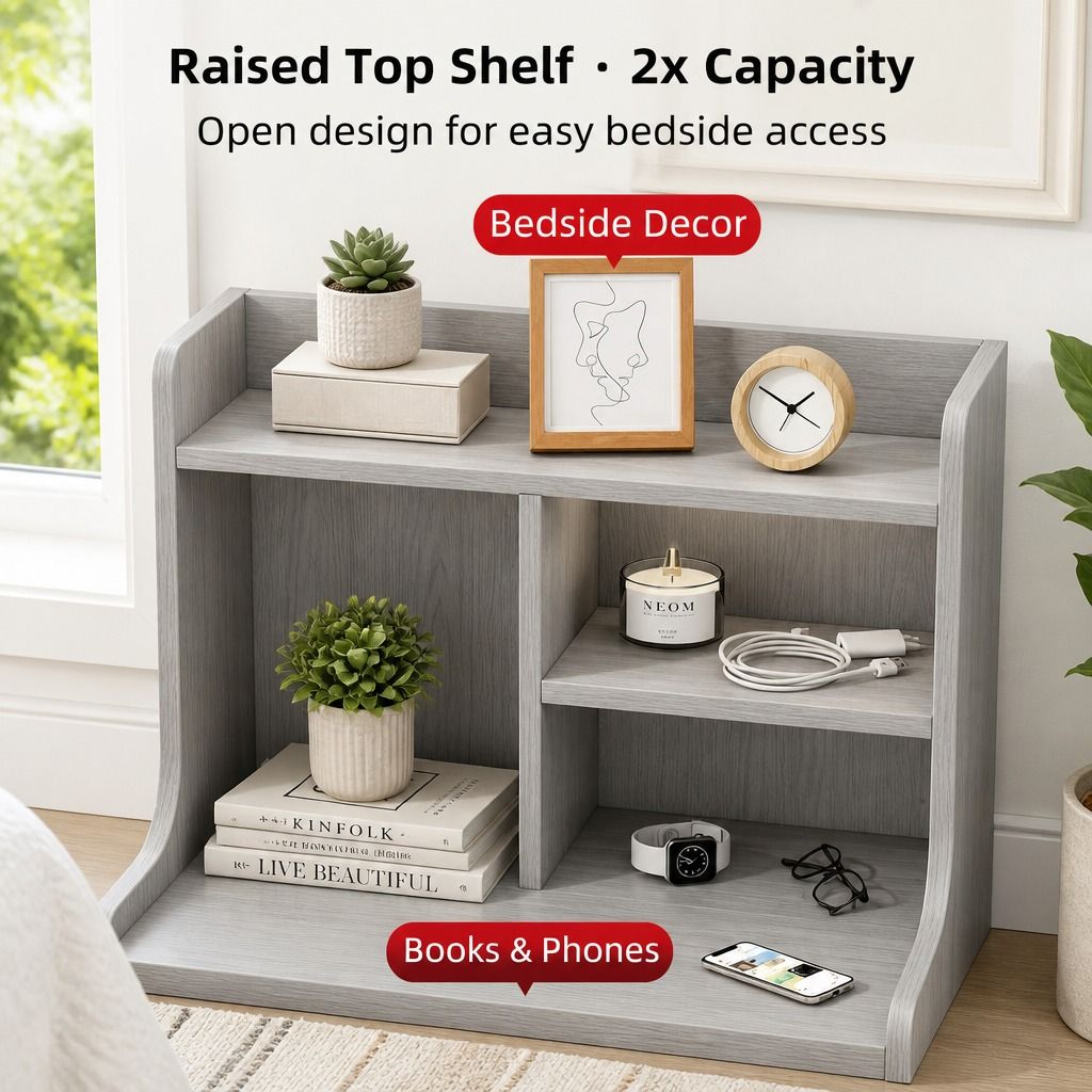 Light Gray Bedside Table Nightstand Drawer Open Shelf Secure Storage 70cm