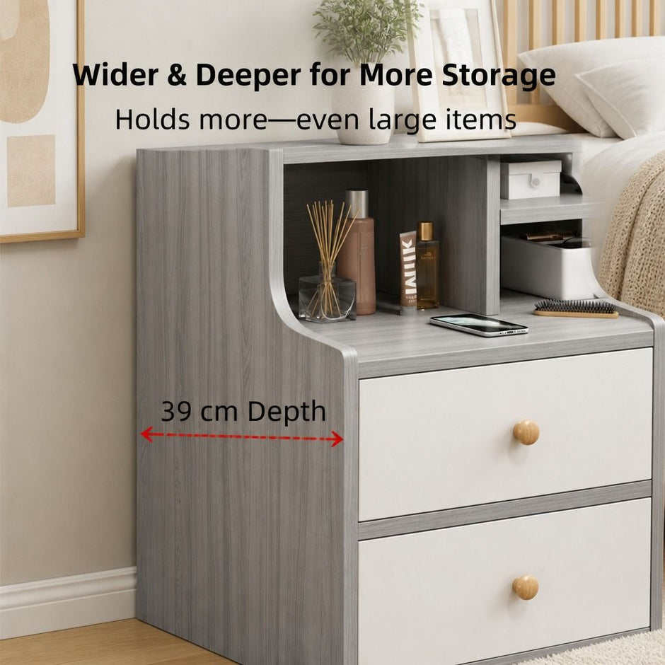 Light Gray Bedside Table Nightstand Drawer Open Shelf Secure Storage 70cm