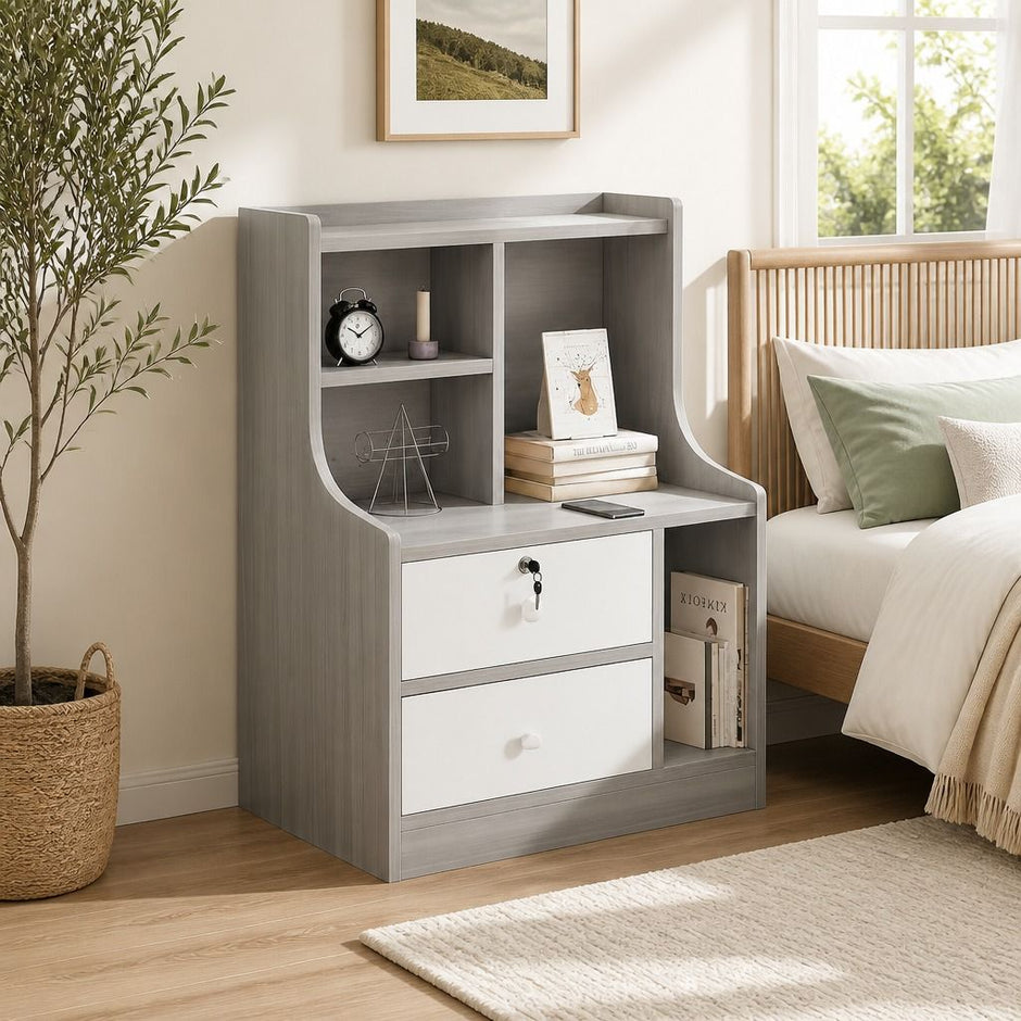 Light Gray Bedside Table Nightstand Drawer Open Shelf Secure Storage 70cm