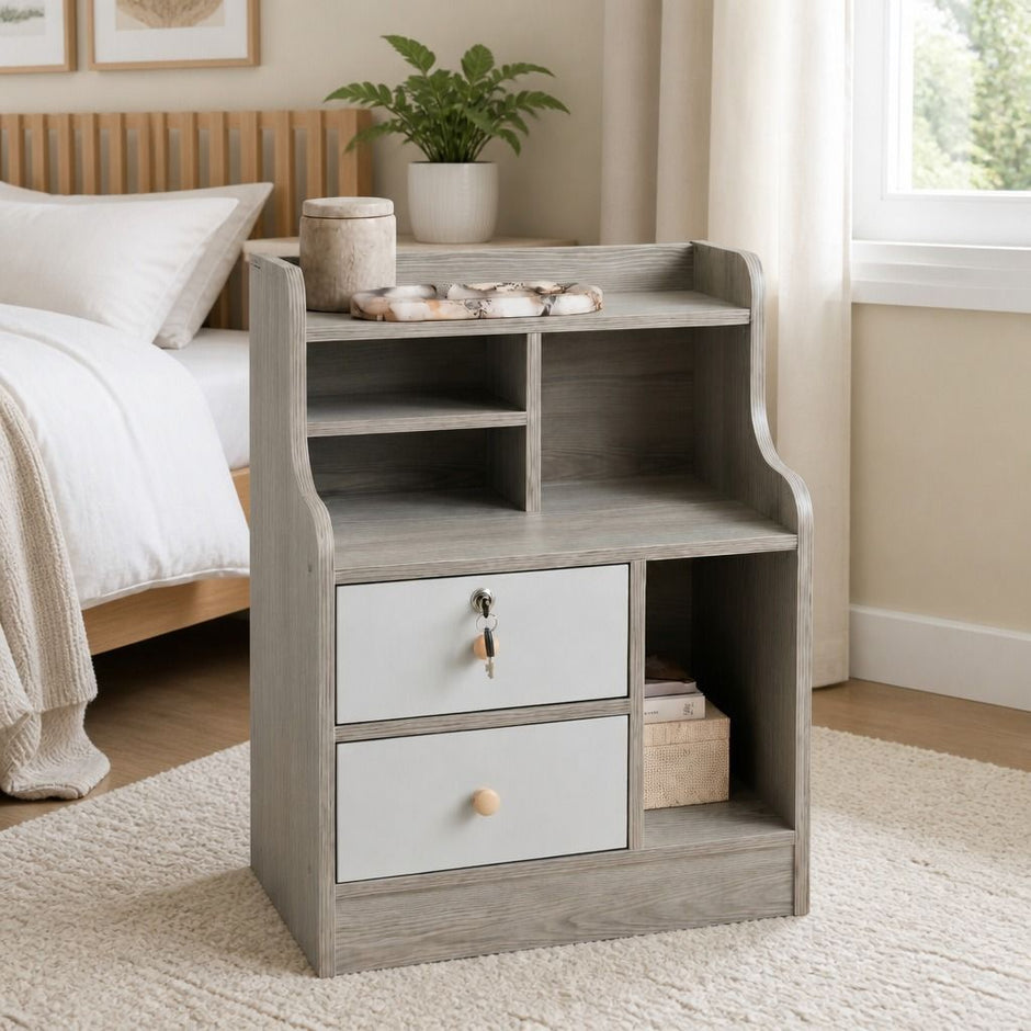 Light Gray Bedside Table Nightstand Drawer Open Shelf Secure Storage 70cm