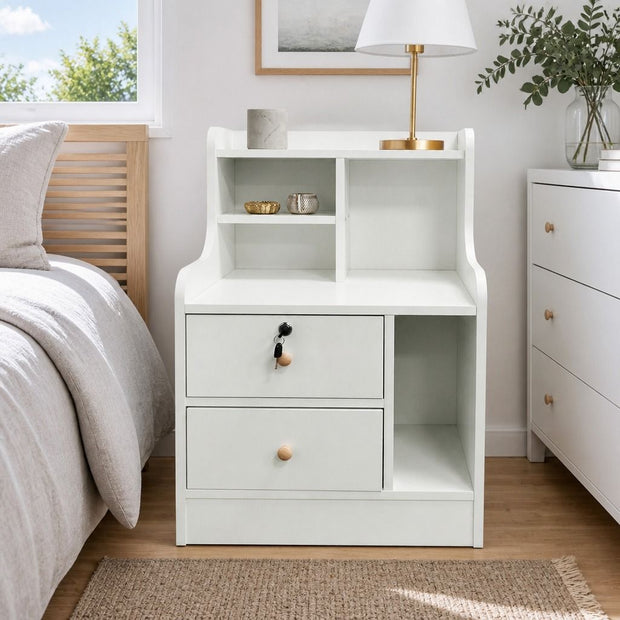 White Nightstand Drawer Shelf Storage Tray Wooden Knob Bedside Table Minimalist