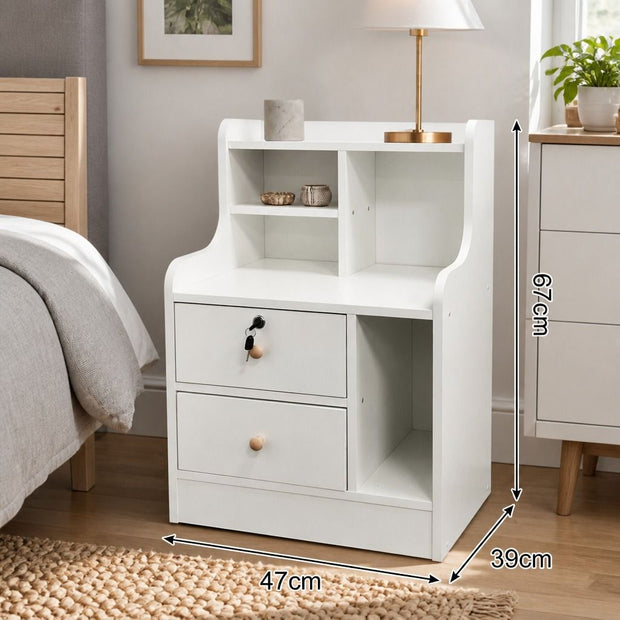 White Nightstand Drawer Shelf Storage Tray Wooden Knob Bedside Table Minimalist