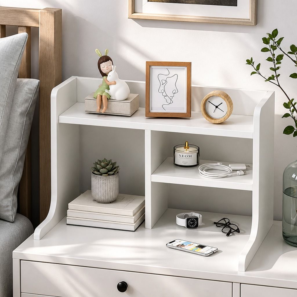 White Nightstand Drawer Shelf Storage Tray Wooden Knob Bedside Table Minimalist