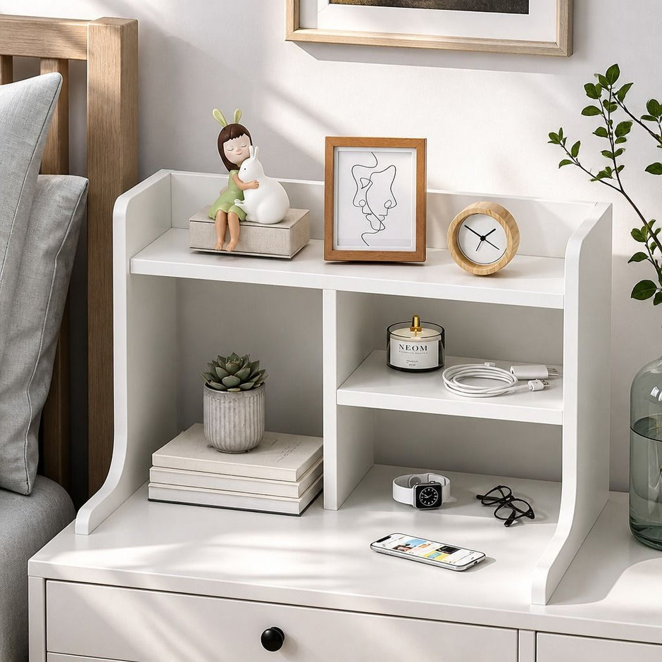 White Nightstand Drawer Shelf Storage Tray Wooden Knob Bedside Table Minimalist