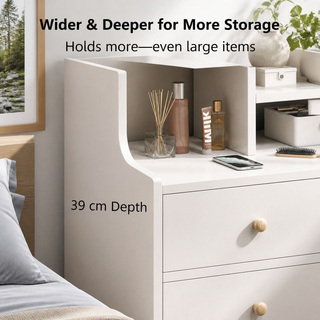 White Nightstand Drawer Shelf Storage Tray Wooden Knob Bedside Table Minimalist