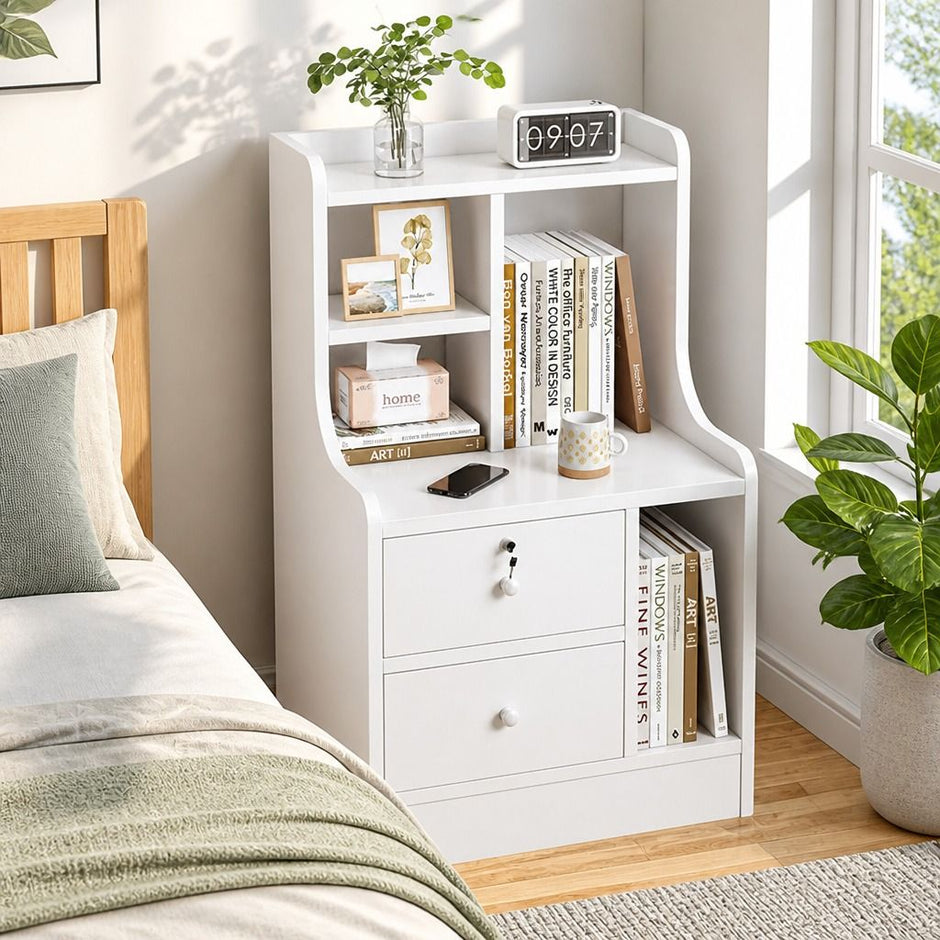 White Nightstand Drawer Shelf Storage Tray Wooden Knob Bedside Table Minimalist