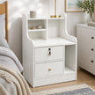 White Nightstand Drawer Shelf Storage Tray Wooden Knob Bedside Table Minimalist