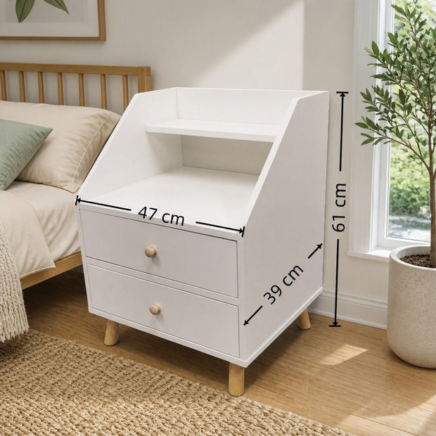 Warm White Bedside Table Nightstand Wooden Legs Two Drawers Open Storage