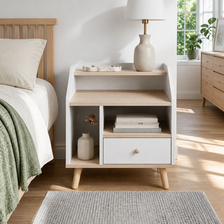 Bedside Table Drawer Nightstand Wooden Legs Open Shelves Side Compartment White