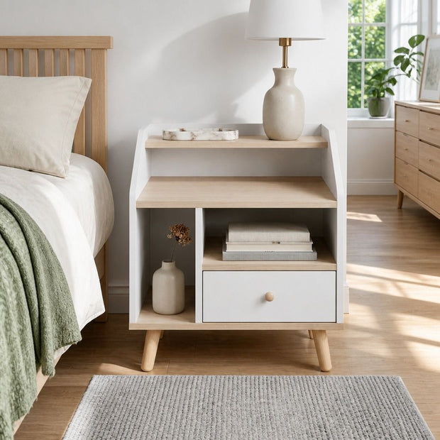 Bedside Table Drawer Nightstand Wooden Legs Open Shelves Side Compartment White