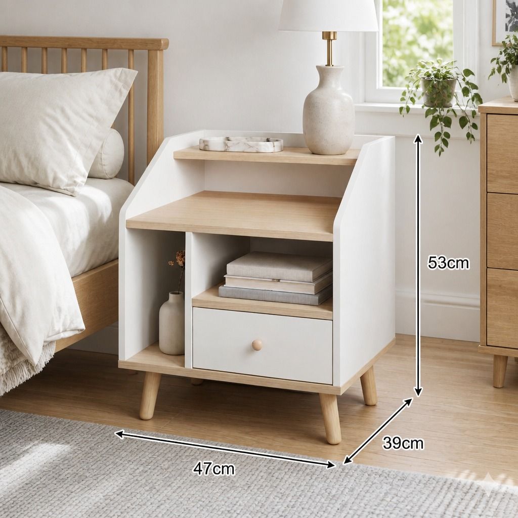 Bedside Table Drawer Nightstand Wooden Legs Open Shelves Side Compartment White