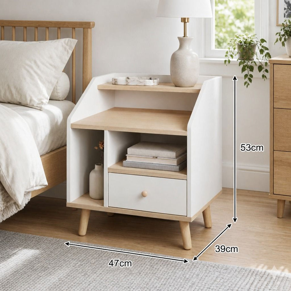 Bedside Table Drawer Nightstand Wooden Legs Open Shelves Side Compartment White