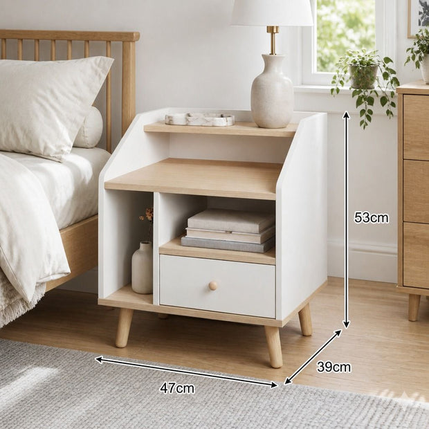 Bedside Table Drawer Nightstand Wooden Legs Open Shelves Side Compartment White