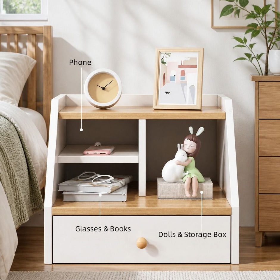 Bedside Table Drawer Nightstand Wooden Legs Open Shelves Side Compartment White