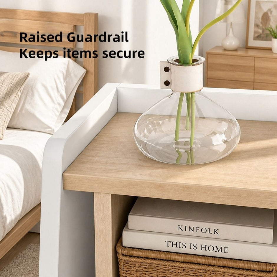Bedside Table Drawer Nightstand Wooden Legs Open Shelves Side Compartment White
