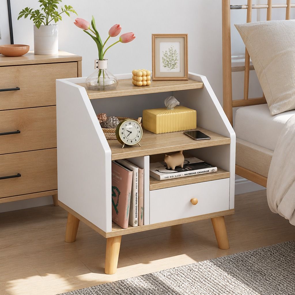 Bedside Table Drawer Nightstand Wooden Legs Open Shelves Side Compartment White