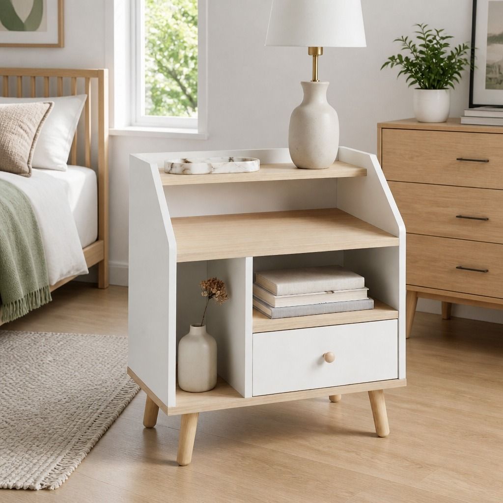 Bedside Table Drawer Nightstand Wooden Legs Open Shelves Side Compartment White
