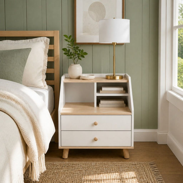 Two-Tone Bedside Table Nightstand Drawer Storage Wooden Legs White Wood Design