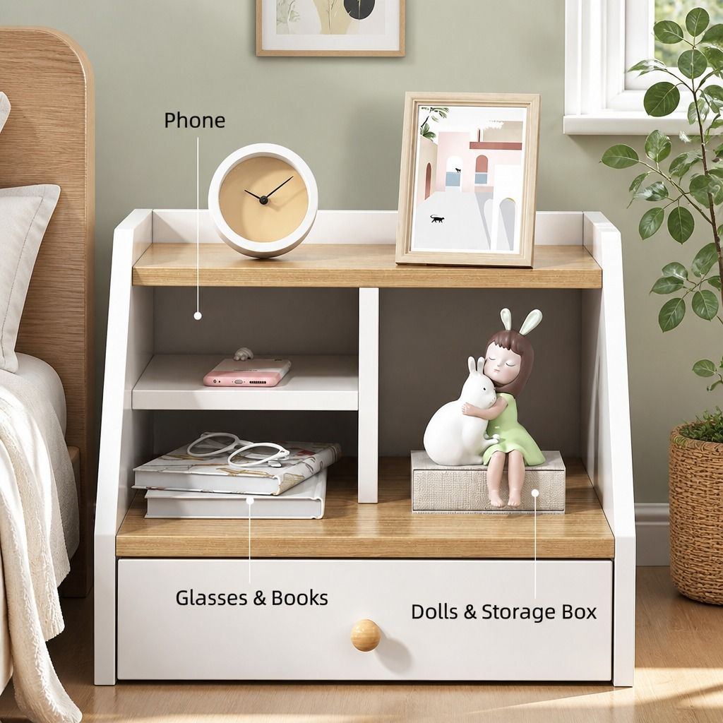 Two-Tone Bedside Table Nightstand Drawer Storage Wooden Legs White Wood Design